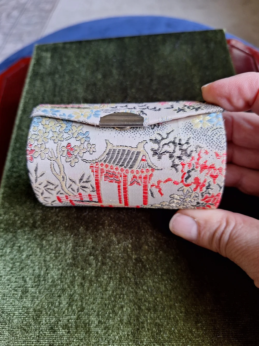 Silk Fabric Vintage Mini Lipstick Case - Ivory with Red Floral Motif